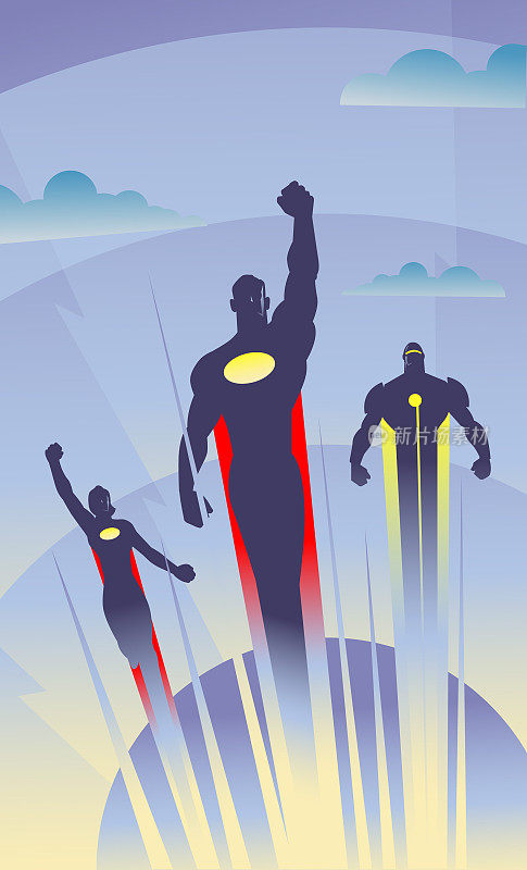 Vector Art Deco Style Flying Superheroes Illustration